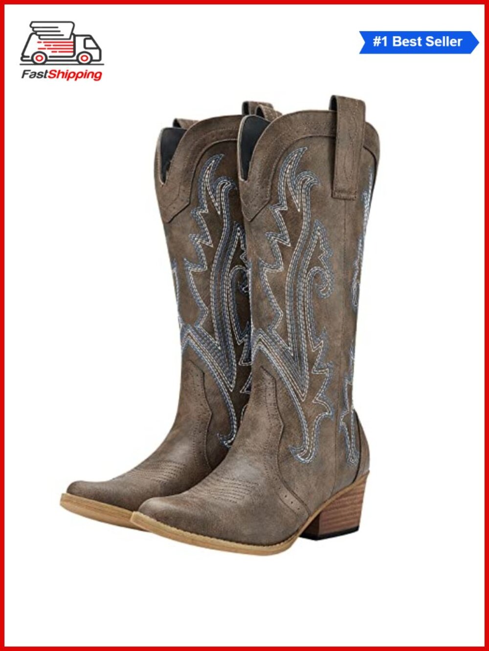 ✨ HISEA Rollda Women's Western Cowgirl Boots Mid Calf Faux Leather
